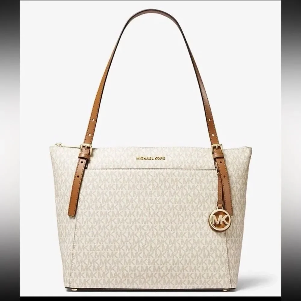 NWOT Michael Kors Ciara Vanilla & Tan Large TZ Tote Leather Bag Top Zip Logo - Picture 1 of 8